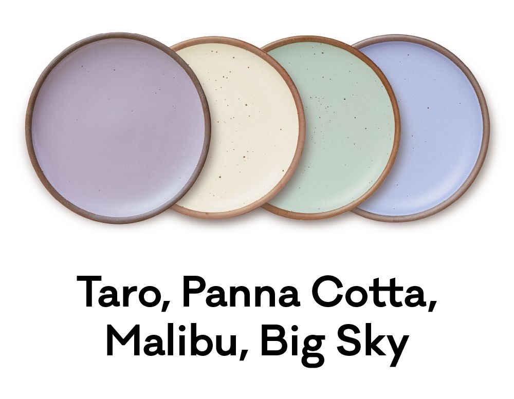 A peaceful palette of pastel, purple, off-white, seafoam green, and sky blue plates are positioned next to each other. Underneath, text reads