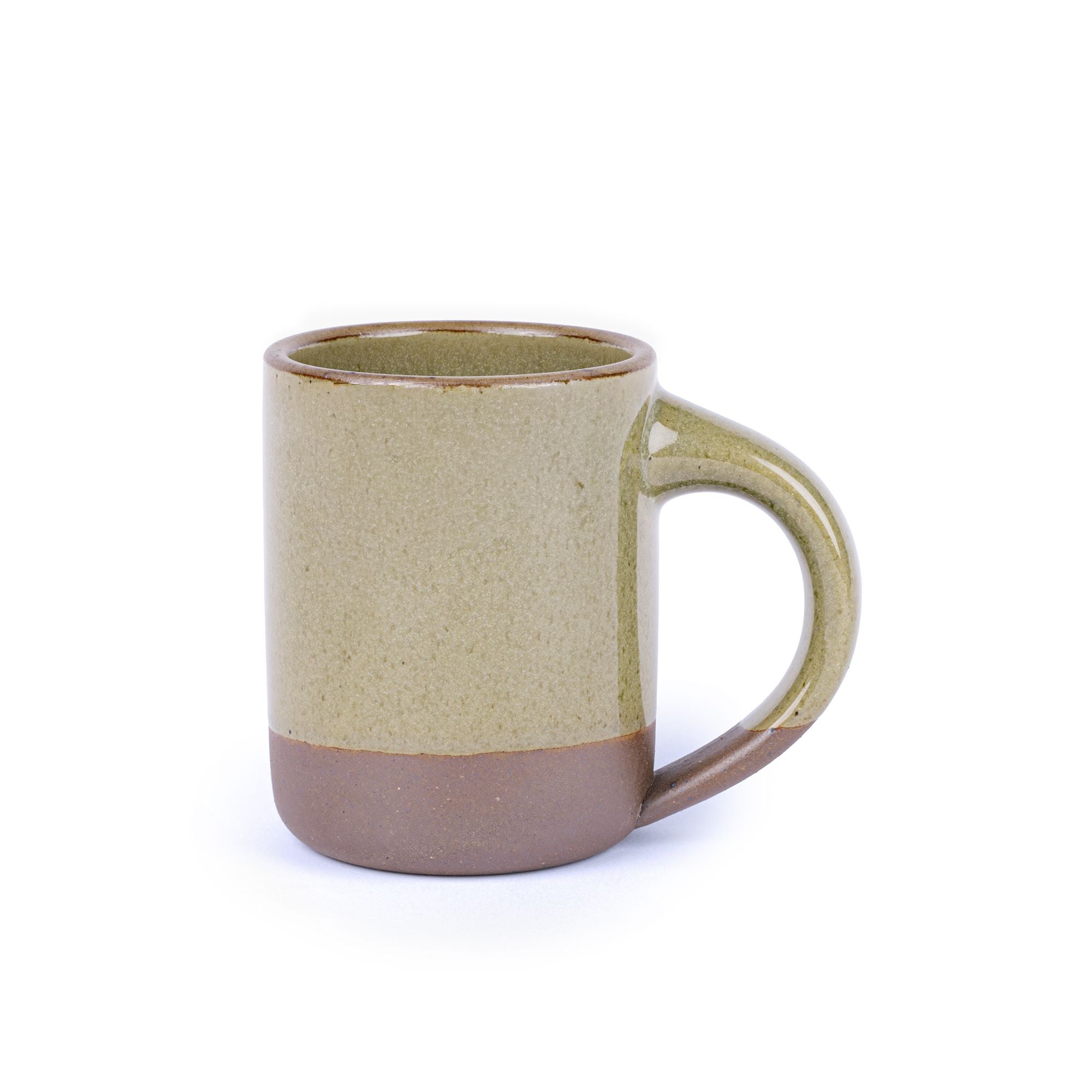 A big sized ceramic mug with handle in a reflective dappled grey-green color featuring an unglazed rim and bottom base.