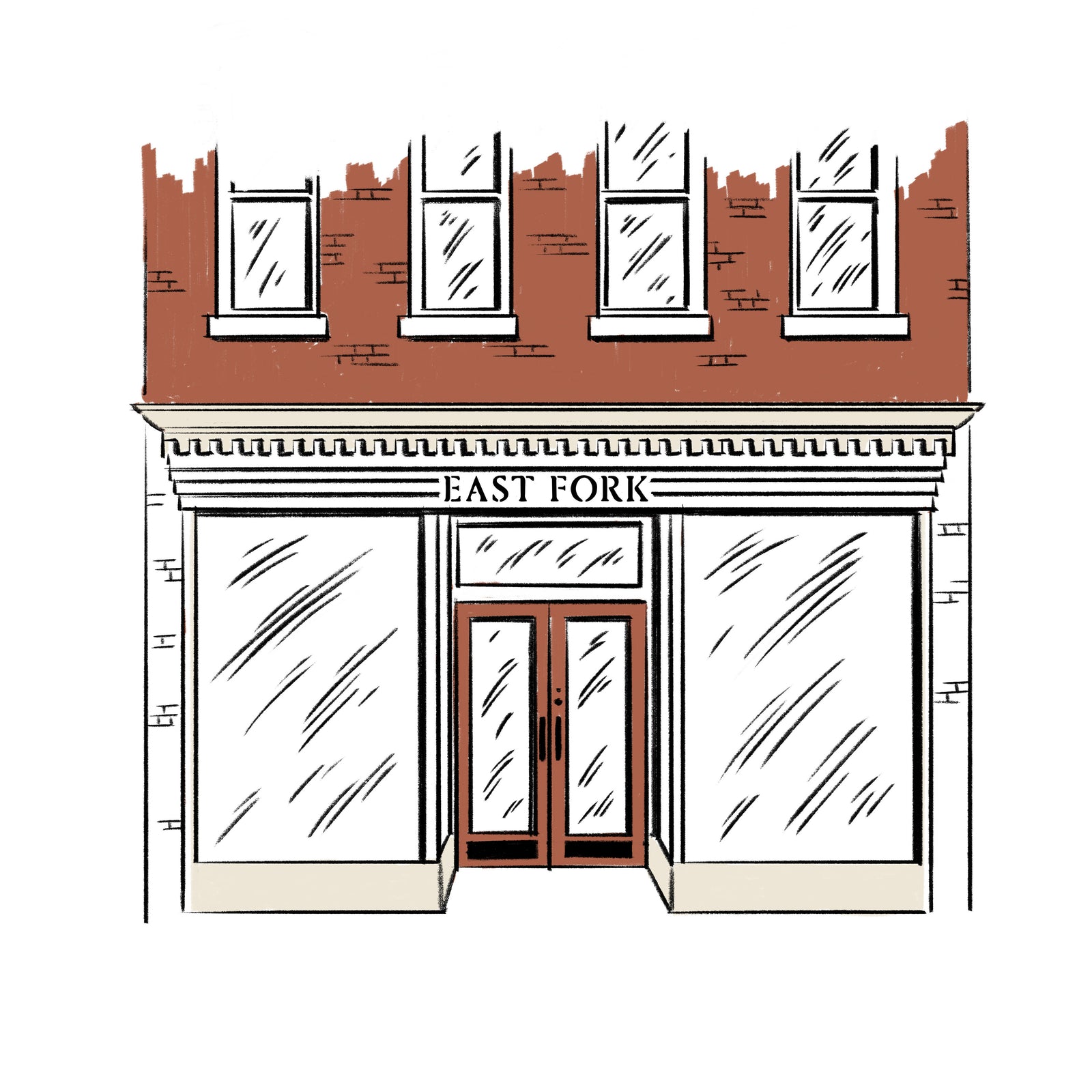 Illustration of a store front with 'East Fork' sign