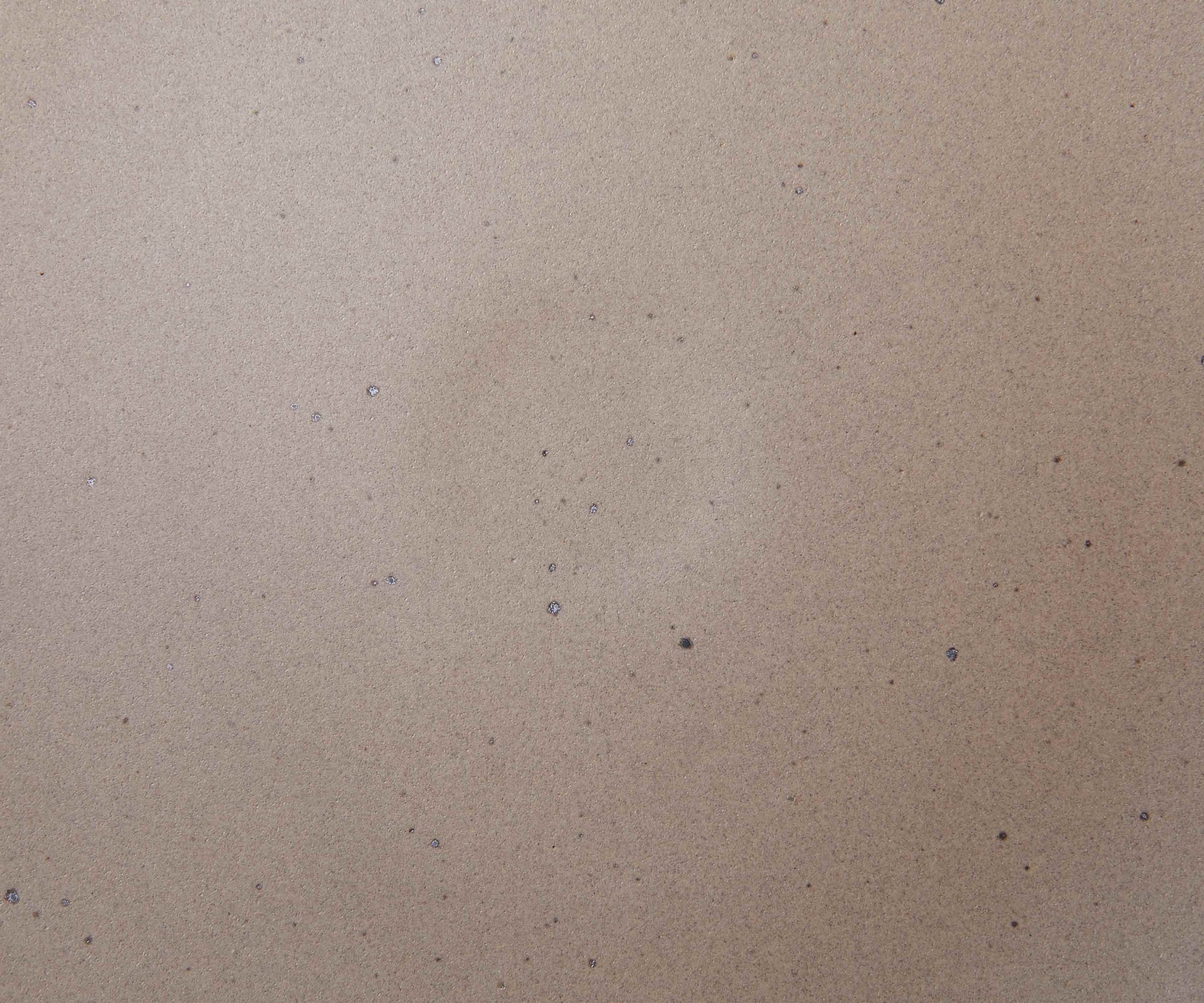 A closeup of a ceramic plate in a warm, pale brown color featuring iron speckles