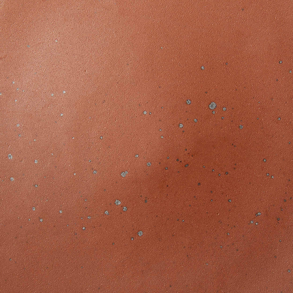 A closeup of a ceramic plate in a cool terracotta color with iron speckles throughout