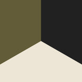 Three intersecting planes in a color palette featuring a dark charcoal, olive green, and off-white creating a minimalist geometric design.