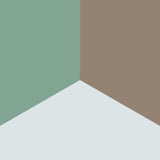 Three geometric shapes in green, brown, and white on a white background