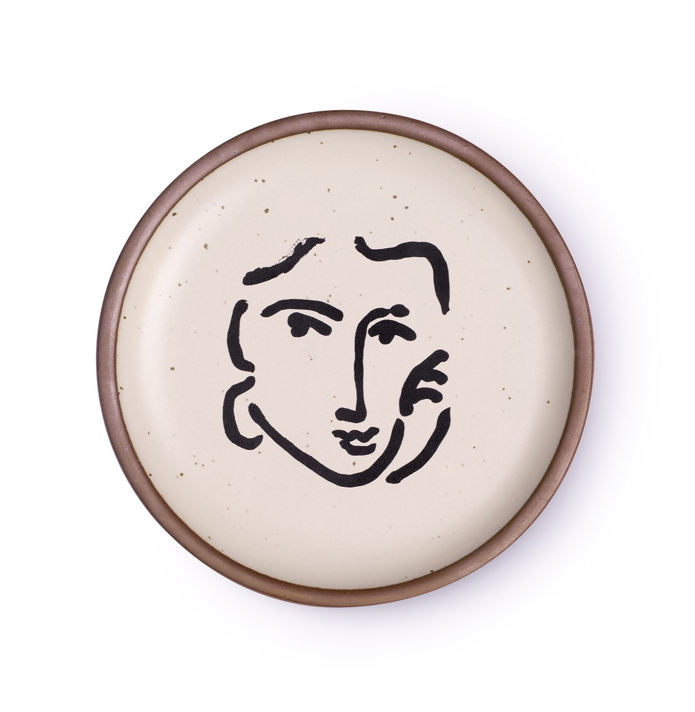 A ceramic plate featuring a decal of the artwork, Nadia au regard sérieux, by Henri Matisse. A minimalist black ink decal of a woman's face and hand resting on one cheek, in an abstract, expressive style centered on an off-white ceramic plate with an unglazed rim.