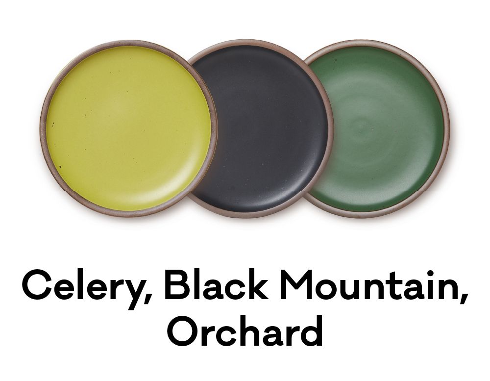 Three plates colored in a chartruse green, black, and forest green are positioned next to each other. Underneath, text reads: