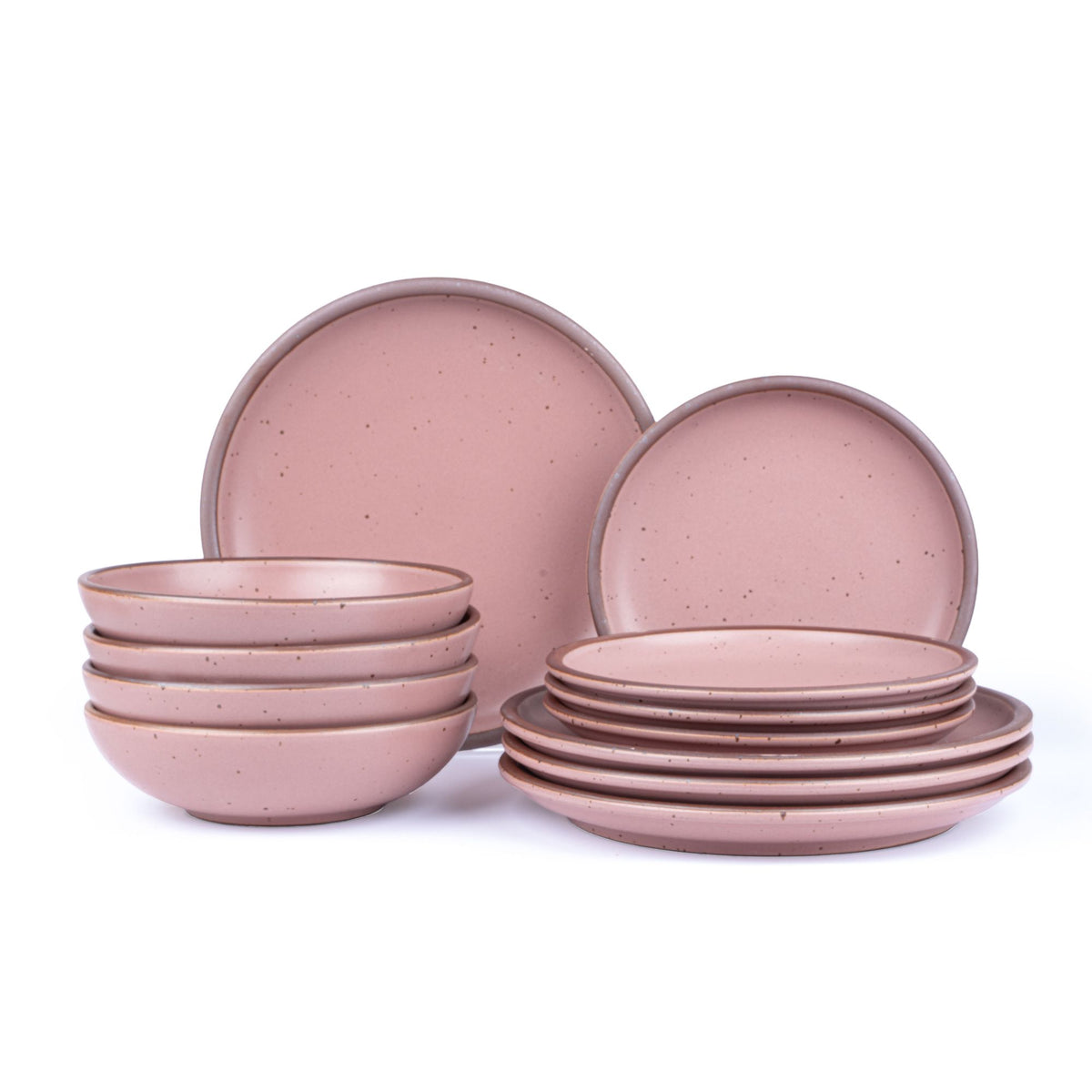 4 ceramic dinner plates, 4 side plates, and 4 shallow dinner bowls in a dusty mauve pink color featuring iron speckles and unglazed rims.