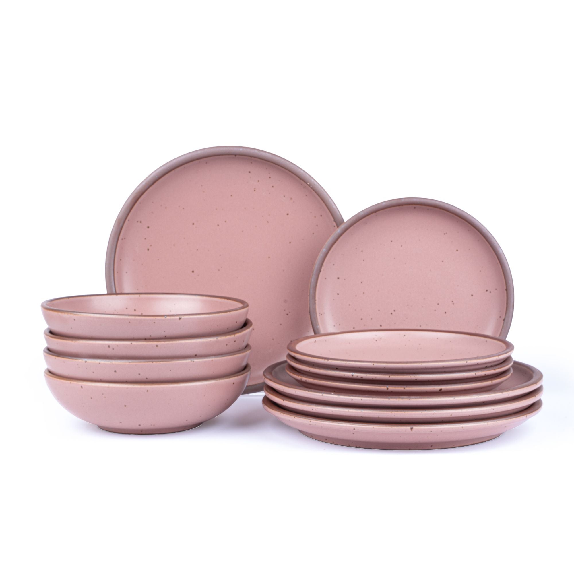 4 ceramic dinner plates, 4 side plates, and 4 shallow dinner bowls in a dusty mauve pink color featuring iron speckles and unglazed rims.