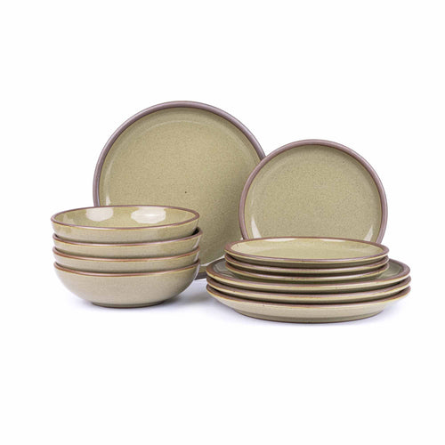 4 ceramic dinner plates, 4 side plates, and 4 shallow dinner bowls in a reflective dappled grey-green color featuring unglazed rims.