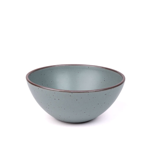A large rounded ceramic bowl in a blue-grey color featuring iron speckles and an unglazed rim