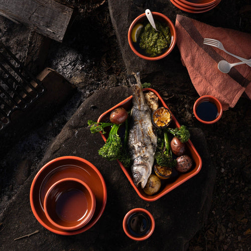 A large enamel baking dish in red-broen color filled with a roasted whole fish, potatoes and vegetables, surrounded by enamel plates and bowls of the same color.