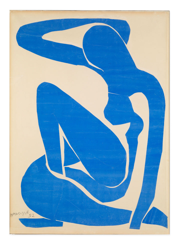 Original artwork, Nu bleu, I, by Henri Matisse, a bright blue, abstract, silhouetted female figure in a curled, seated position, with sharp cut-out edges, set against an off-white background.