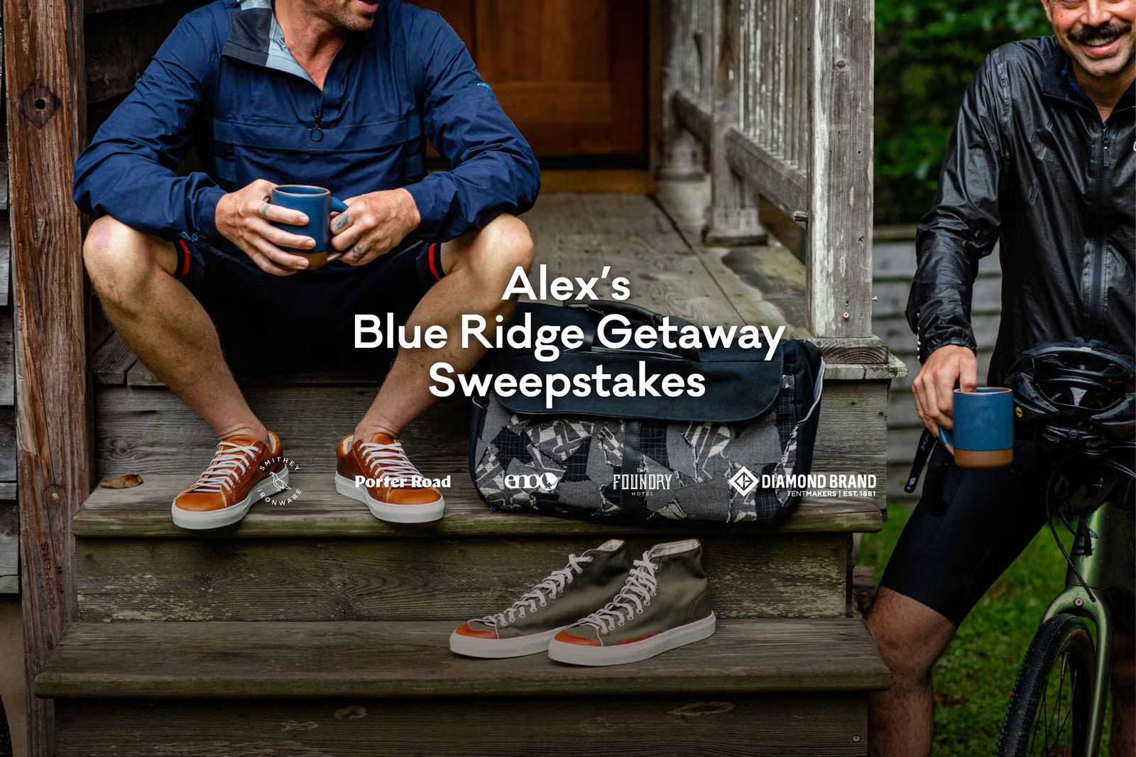 Two people sitting on wooden steps, each holding a blue mug. One wears a blue jacket and sneakers, with a bike helmet beside them. Nearby, a bag with logos, text about a sweepstakes, and an additional pair of shoes are visible.