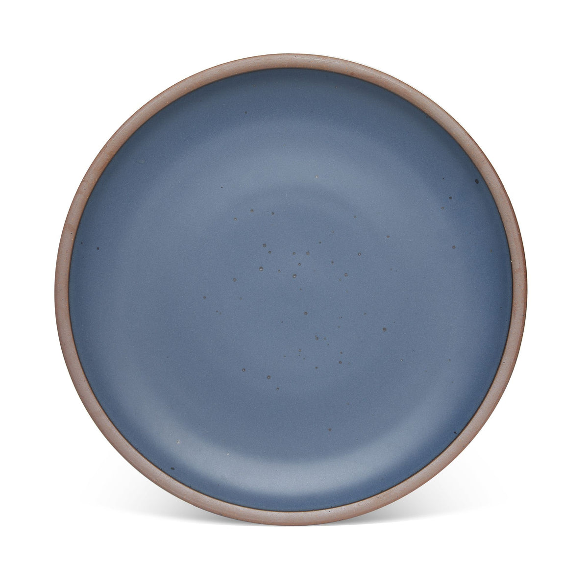 A large ceramic platter in a cool medium blue color featuring iron speckles and an unglazed rim.