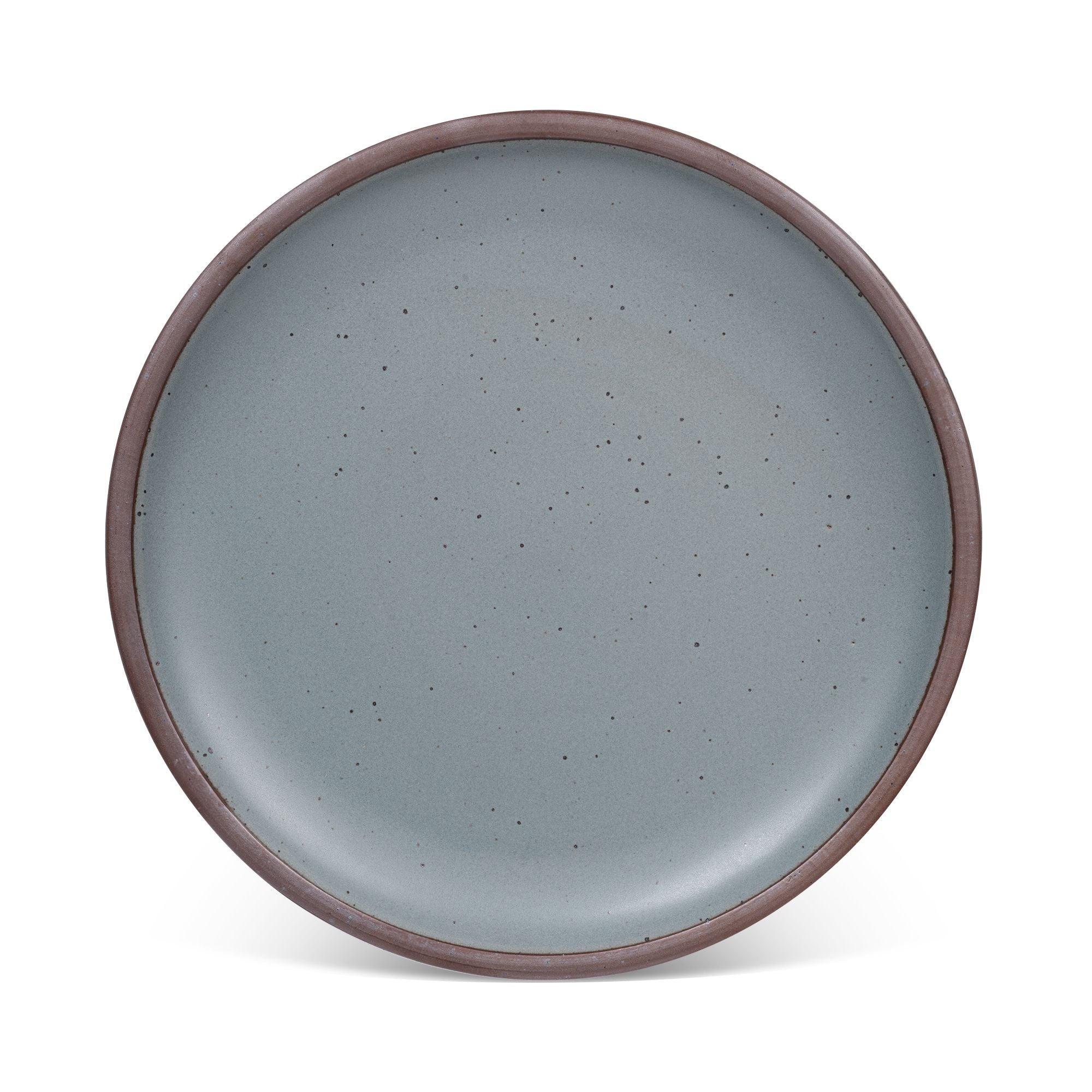 A large ceramic platter in a blue-grey color featuring iron speckles and an unglazed rim