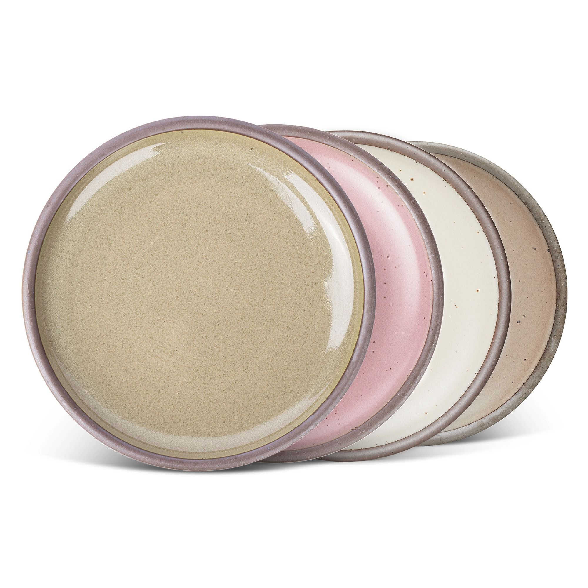 4 dinner sized ceramic plates in a reflective dappled grey-green, warm off-white, warm pale brown and dusty mauve pink colors featuring iron speckles and an unglazed rim