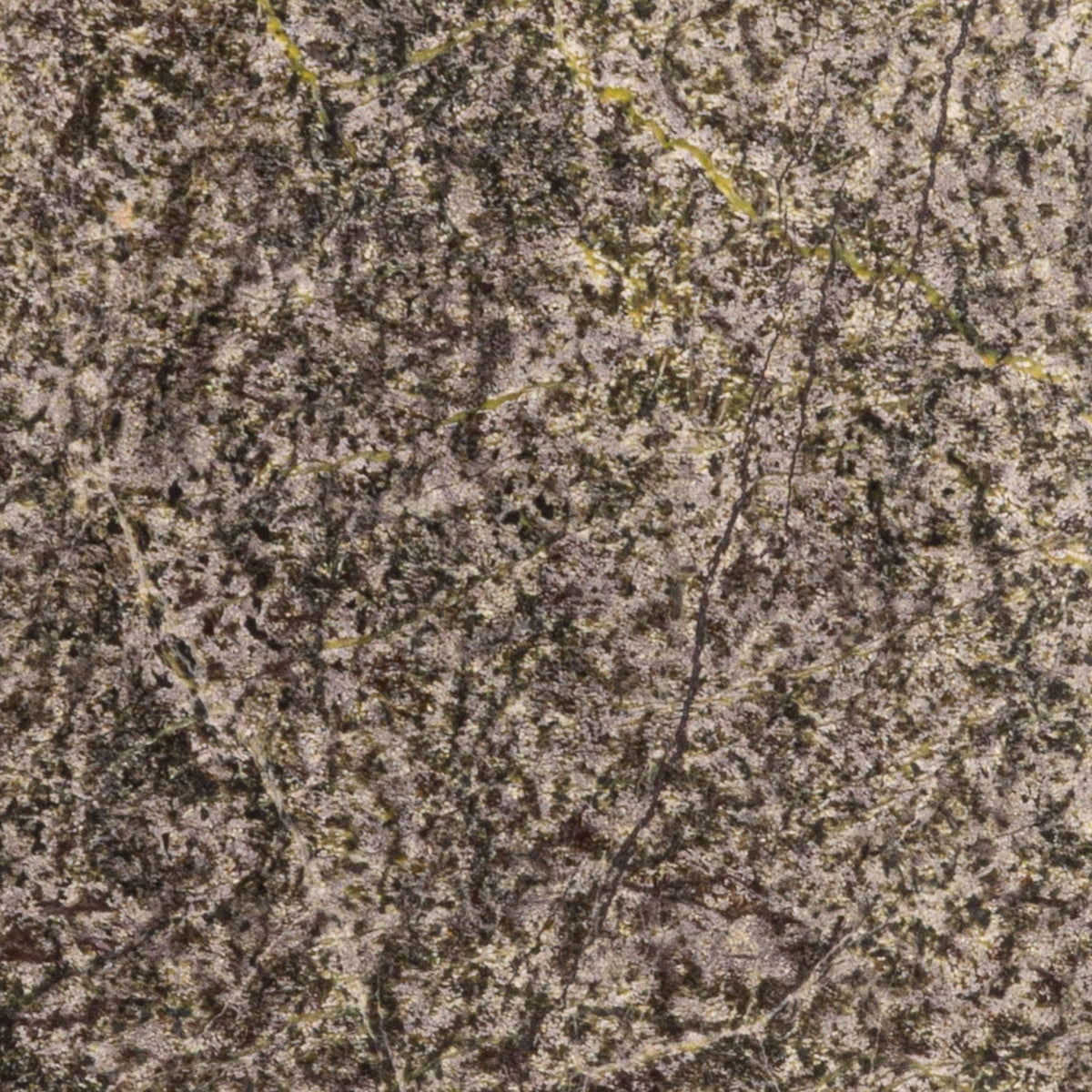 Close-up of green and beige marble surface with fine veins and speckled textures.