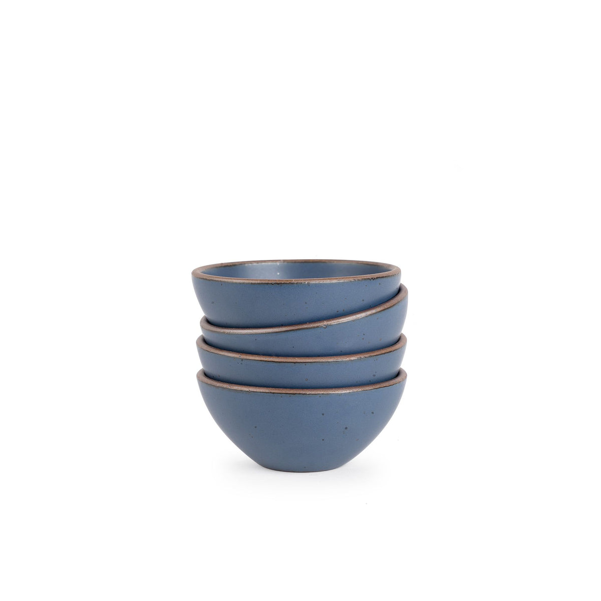 A stack of 4 small dessert sized rounded ceramic bowls in a cool, medium blue color featuring iron speckles and an unglazed rim