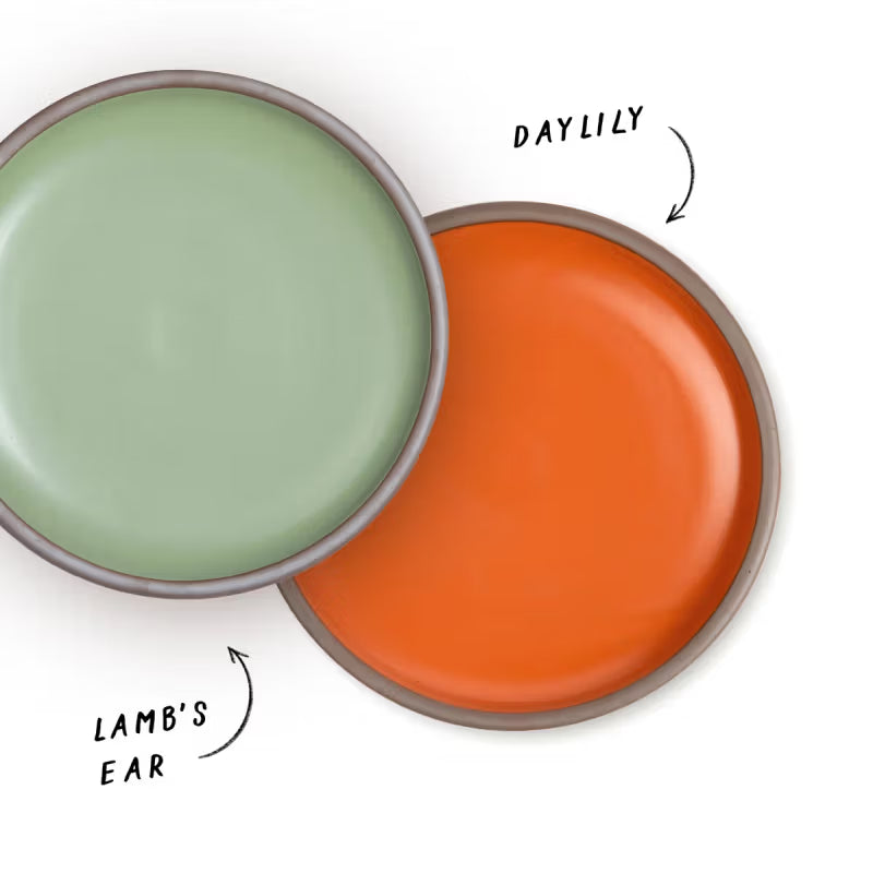 Two ceramic plates are displayed, one in a soft green glaze labeled "Lamb's Ear" and the other in a vibrant orange glaze labeled "Daylily", overlapping slightly against a white background.