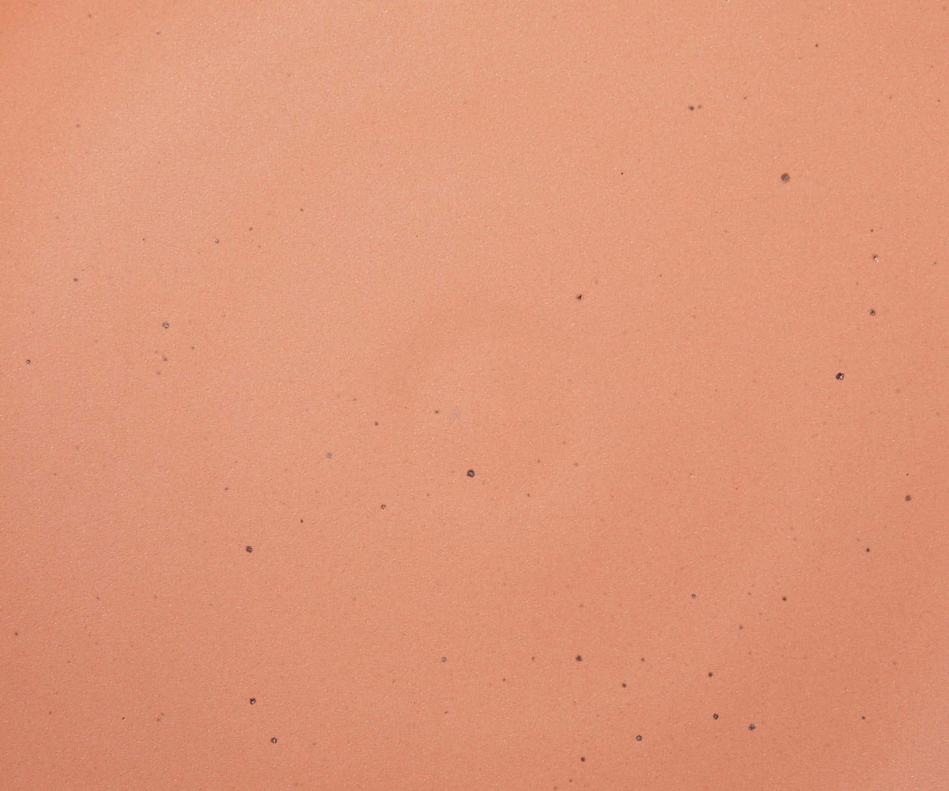 A closeup of a ceramic plate in a warm peach color featuring iron speckles