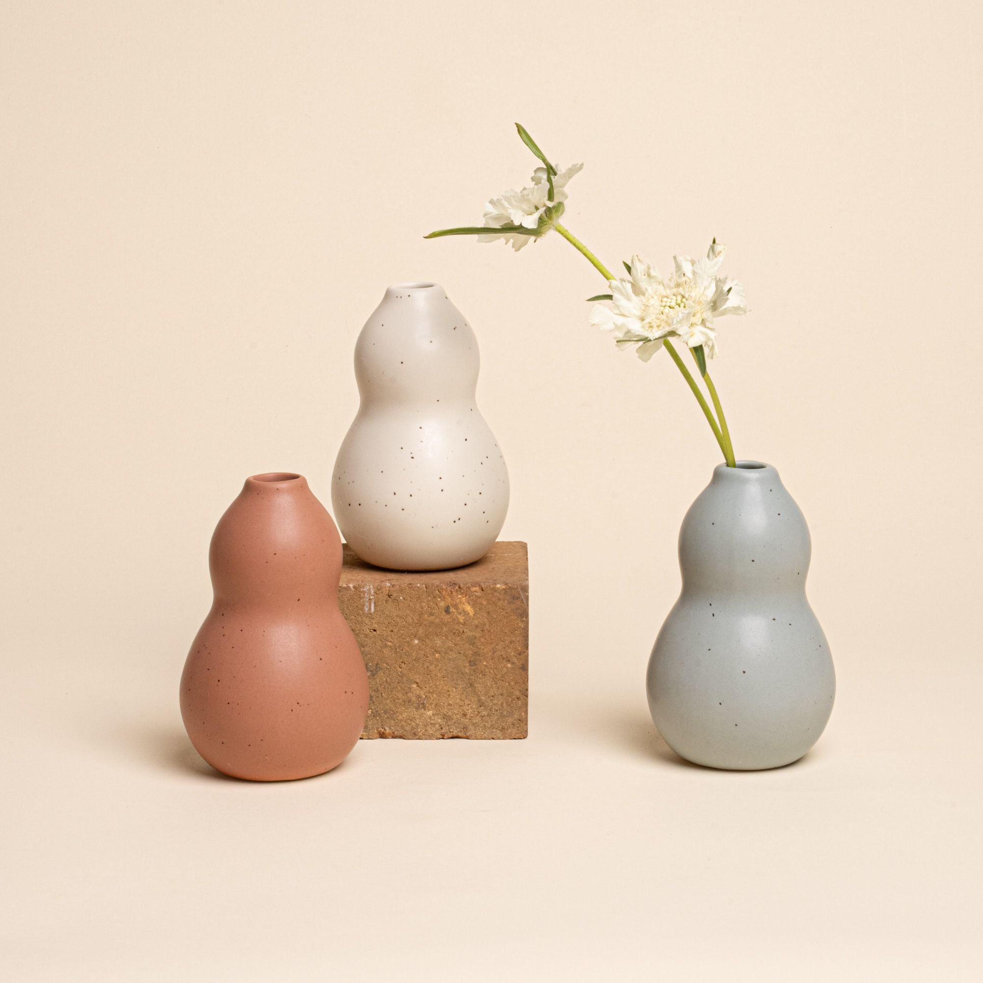 Three small curvy vases in terra cotta, speckled cream, and blue-grey sit on a neutral background; the cream vase is elevated on a block, and the blue vase holds two white flowers.