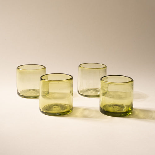4 olive green short transparent drinking glasses