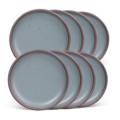 8 medium sized ceramic plates in a blue-grey color featuring iron speckles and an unglazed rim.