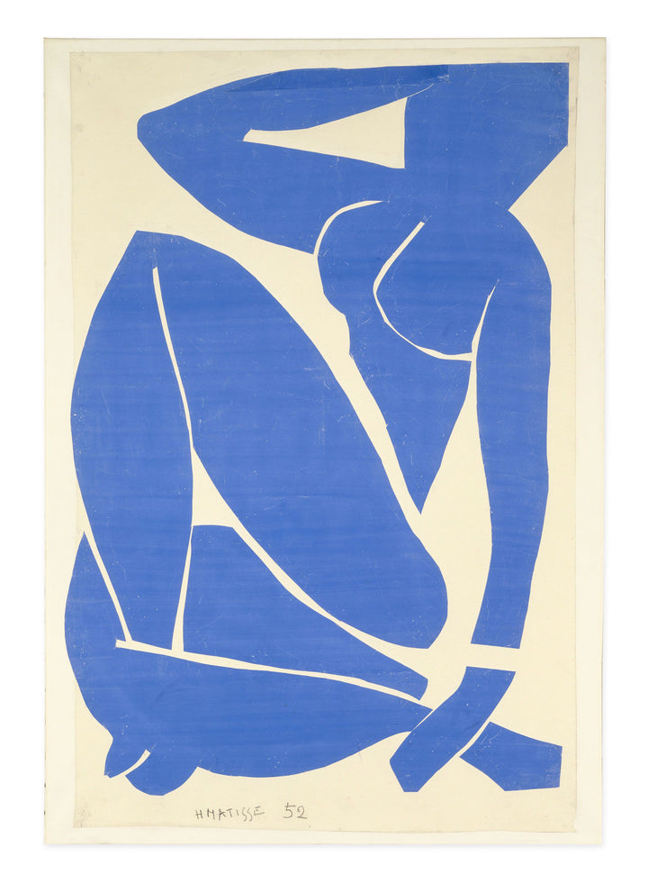 Original artwork, Nu bleu, III, by Henri Matisse, a bright blue, abstract, silhouetted female figure in a curled, seated position, with sharp cut-out edges, set against an off-white background.