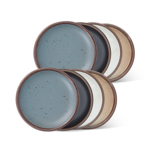 8 dessert sized ceramic plates in a blue-grey, graphite black, cool white, and warm pale brown color featuring iron speckles and an unglazed rim.