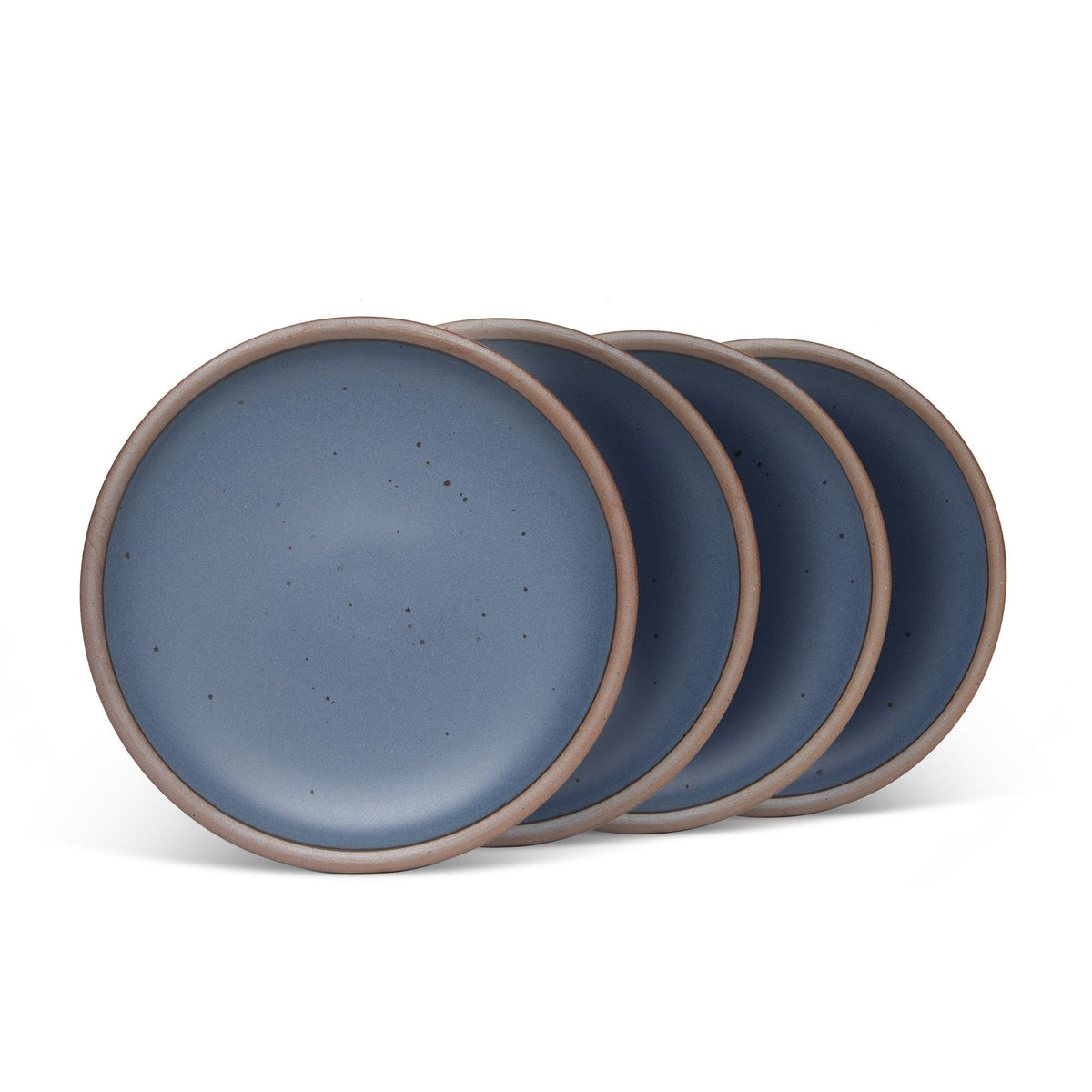 4 medium sized ceramic plates in a toned-down navy color featuring iron speckles and an unglazed rim.