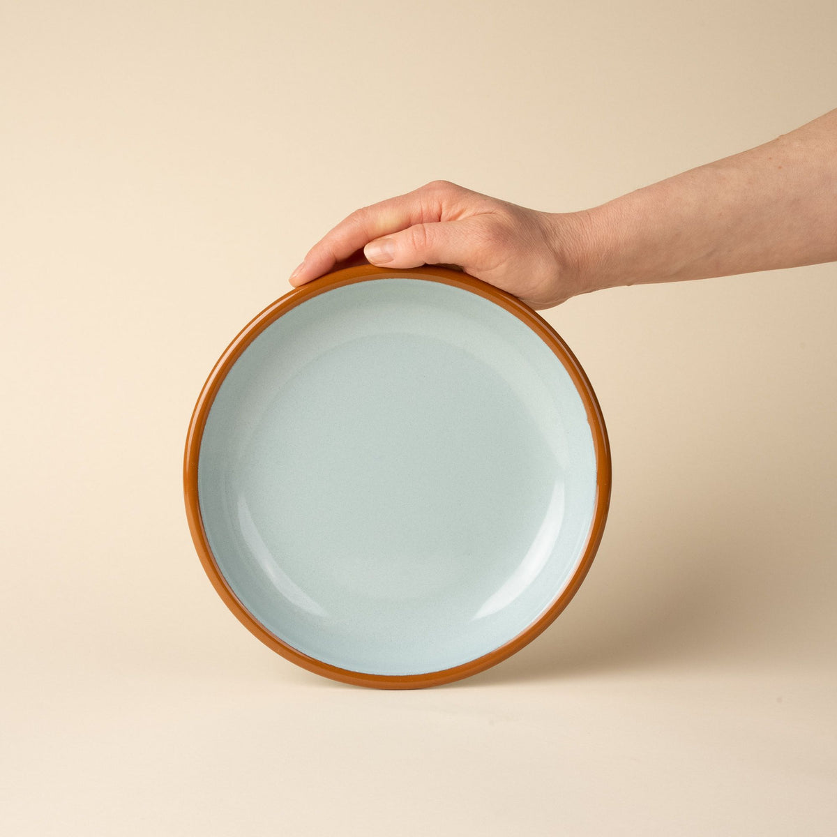 A hand props up an enamel side plate in robin's egg blue with a warm brown rim.