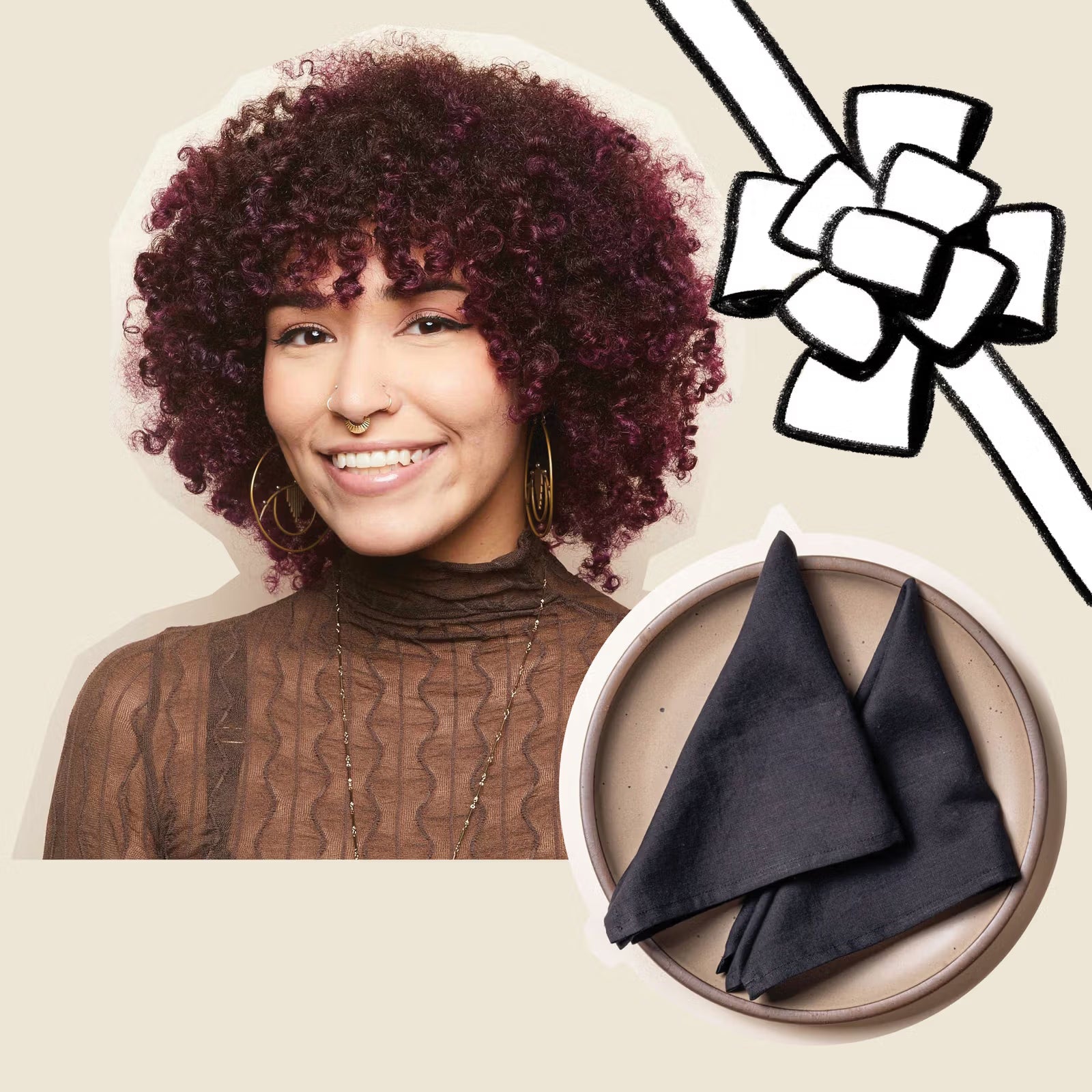 A woman with curly hair and large hoop earrings smiles next to a bowl holding two neatly folded dark-colored linen napkins. A stylized black and white bow is positioned in the upper right corner.