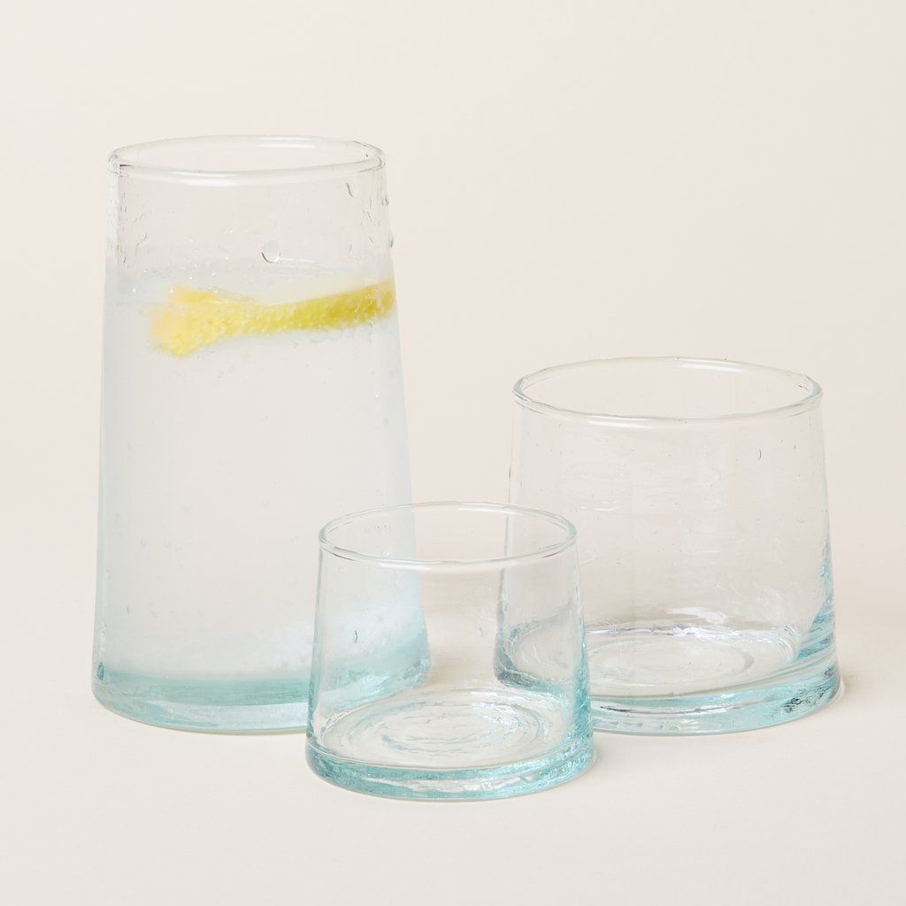 Recycled Moroccan pitcher and drinking glasses in various sizes