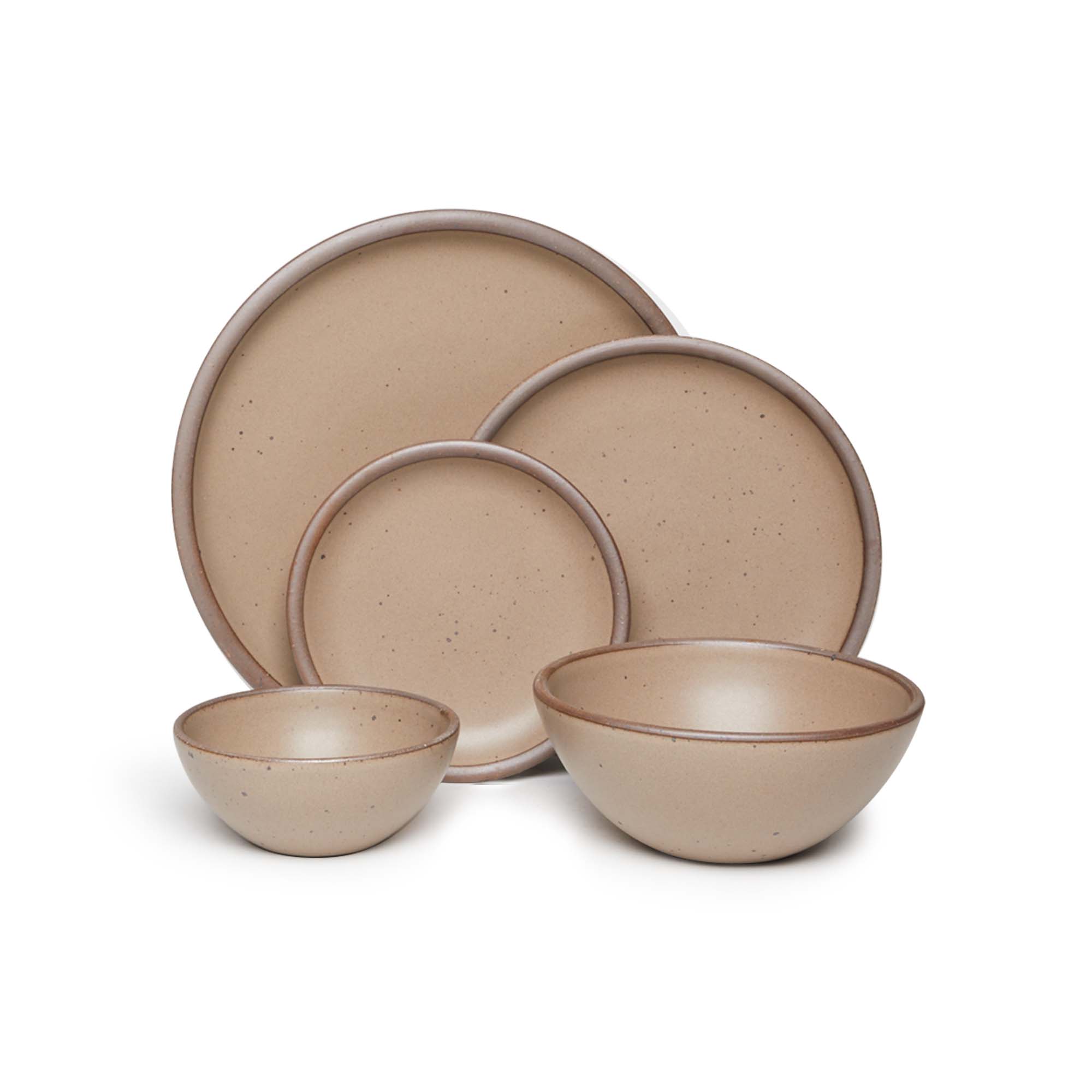 An ice cream bowl, soup bowl, cake plate, side plate and dinner plate paired together in a warm pale brown featuring iron speckles