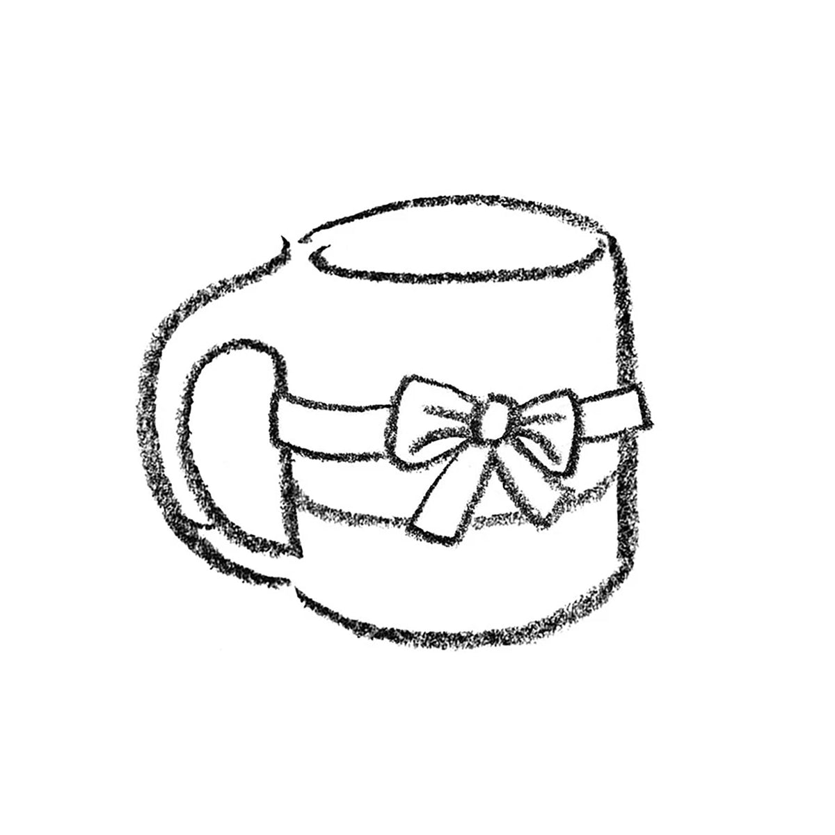 Crayon drawing of a mug with a bow tied around it.